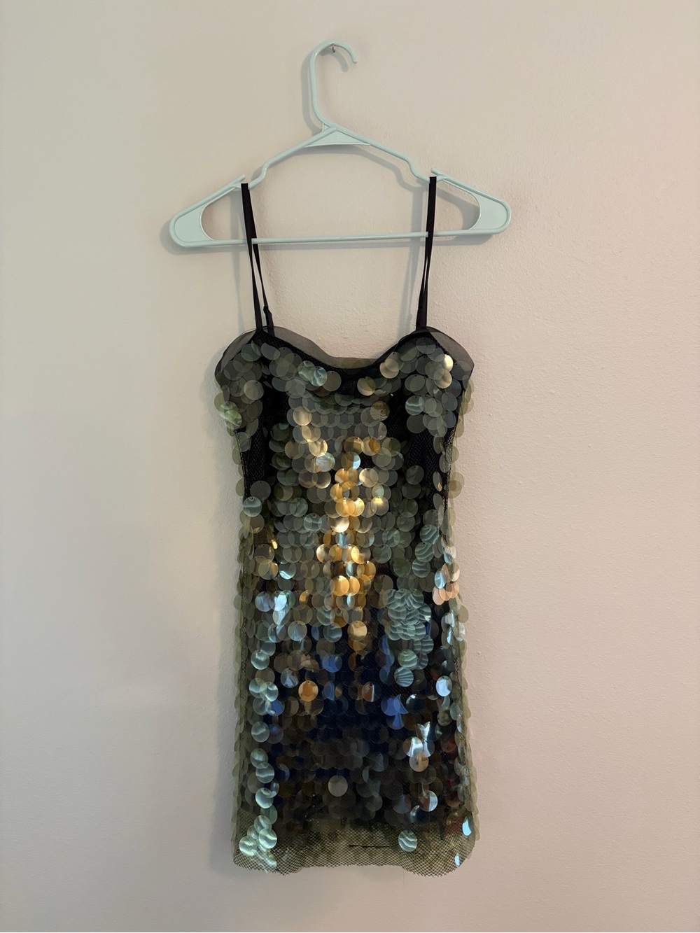 Gold Sequin Mini Slip Dress with Spaghetti Straps